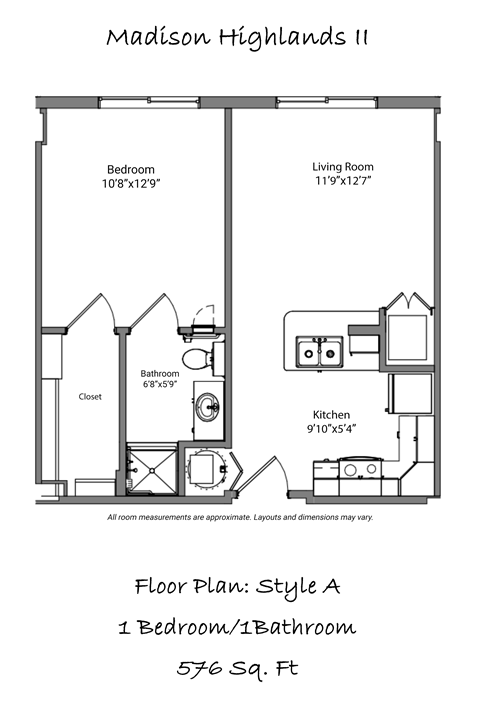 Floor plan for 1 bed, 1 bath, 607 sqft